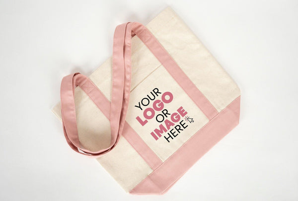 Large Trend Canvas Shopping Bag with Pink Handle, 16"W x 14"H x 5"L, Large Tote Bag 12 Oz, Personalized - Pamusan.com