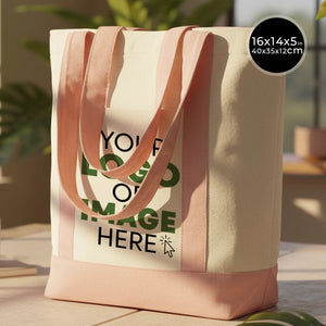 Large Trend Canvas Shopping Bag with Pink Handle, 16"W x 14"H x 5"L, Large Tote Bag 12 Oz, Personalized - Pamusan.com