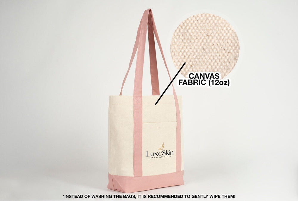 Large Trend Canvas Shopping Bag with Pink Handle, 16"W x 14"H x 5"L, Large Tote Bag 12 Oz, Personalized - Pamusan.com