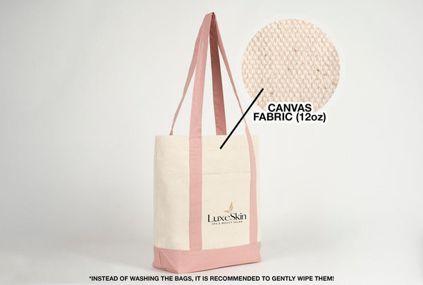 Large Trend Canvas Shopping Bag with Pink Handle, 16"W x 14"H x 5"L, Large Tote Bag 12 Oz, Personalized - Pamusan.com