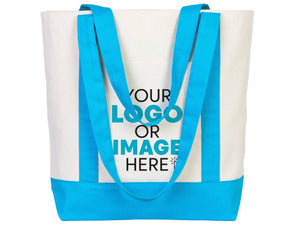 Large Trend Canvas Shopping Bag with Turquoise Handle, 16"W x 14"H x 5"L, Large Tote Bag 12 Oz, Personalized - Pamusan.com