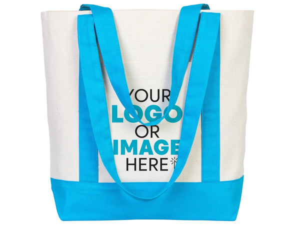 Large Trend Canvas Shopping Bag with Turquoise Handle, 16"W x 14"H x 5"L, Large Tote Bag 12 Oz, Personalized - Pamusan.com