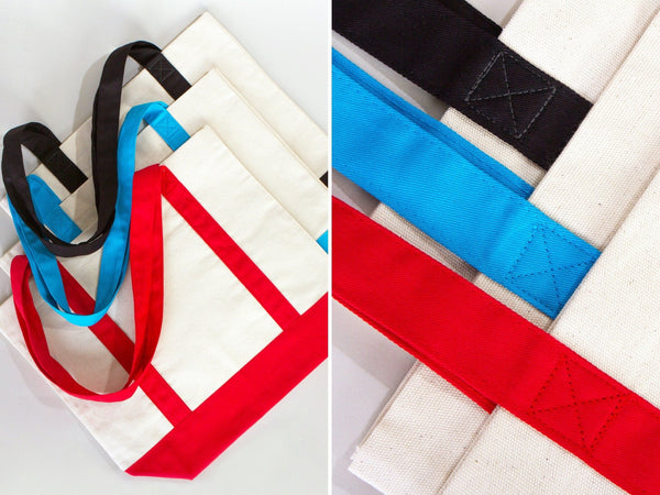 Large Trend Canvas Shopping Bag with Turquoise Handle, 16"W x 14"H x 5"L, Large Tote Bag 12 Oz, Personalized - Pamusan.com