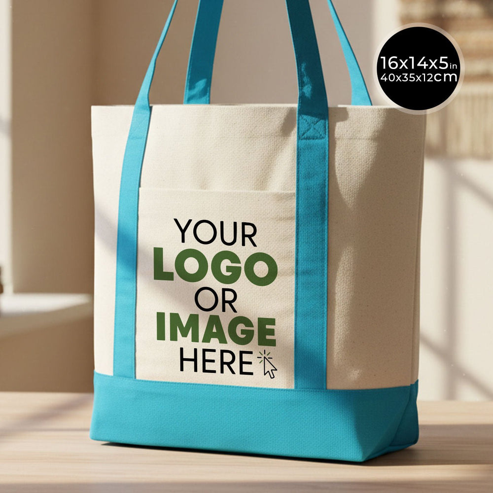 Large Trend Canvas Shopping Bag with Turquoise Handle, 16"W x 14"H x 5"L, Large Tote Bag 12 Oz, Personalized - Pamusan.com