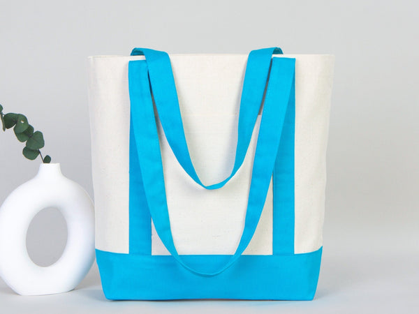 Large Trend Canvas Shopping Bag with Turquoise Handle, 16"W x 14"H x 5"L, Large Tote Bag 12 Oz, Personalized - Pamusan.com
