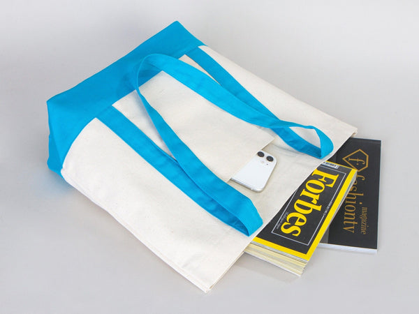 Large Trend Canvas Shopping Bag with Turquoise Handle, 16"W x 14"H x 5"L, Large Tote Bag 12 Oz, Personalized - Pamusan.com
