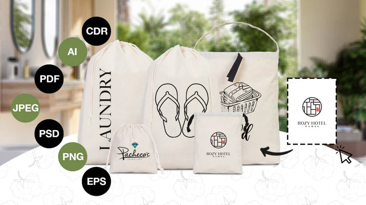 Canvas bags with various designs and branding elements on a blurred indoor background