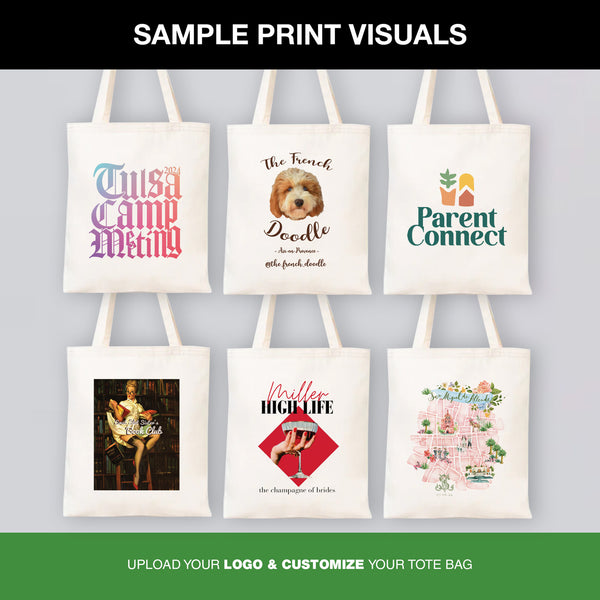 Collection of tote bags with various designs and text on a gray background
