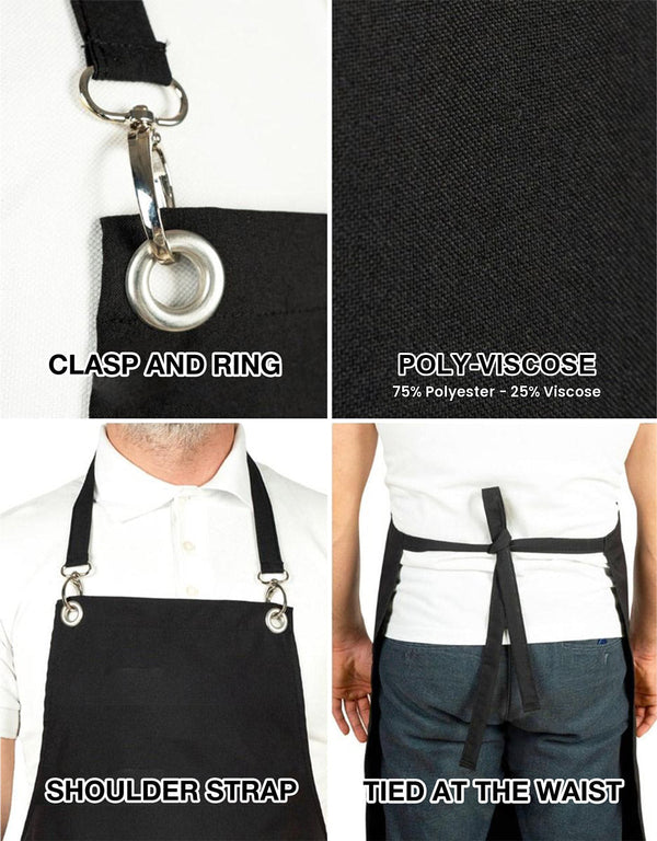 MasterChef Apron – Black Grommet Chef Apron with Pocket, 175 g/m² Poly-Viscose - Pamusan.com