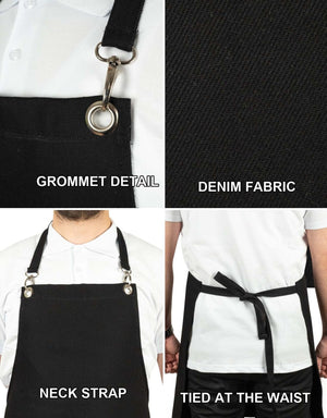 MasterChef Denim Apron – Black Chef Apron with Shoulder Straps, 400 g/m² Denim - Pamusan.com