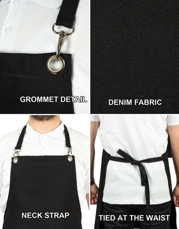 MasterChef Denim Apron – Black Chef Apron with Shoulder Straps, 400 g/m² Denim - Pamusan.com