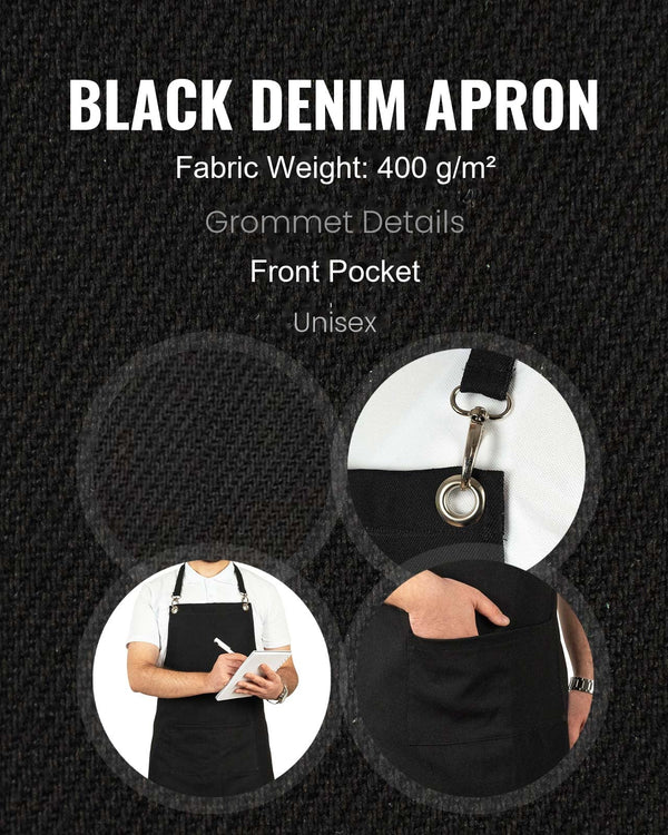 MasterChef Denim Apron – Black Chef Apron with Shoulder Straps, 400 g/m² Denim - Pamusan.com
