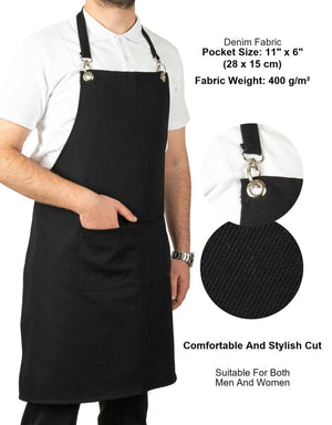 MasterChef Denim Apron – Black Chef Apron with Shoulder Straps, 400 g/m² Denim - Pamusan.com