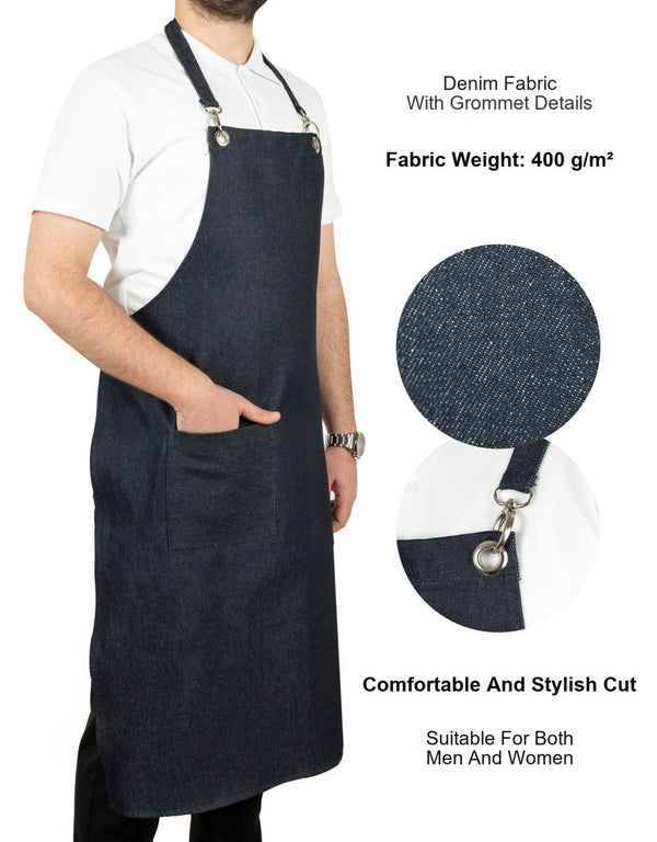 MasterChef Denim Apron – Navy Blue Chef Apron with Shoulder Straps, 400 g/m² Denim - Pamusan.com