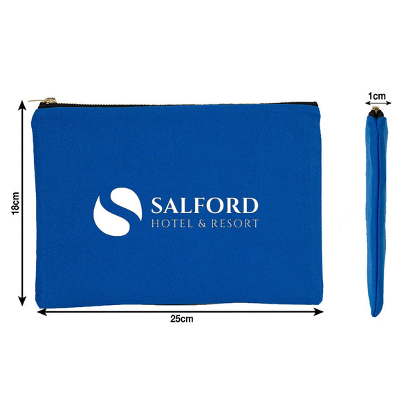 Blue pouch with Salford Hotel & Resort logo and dimensions on a white background