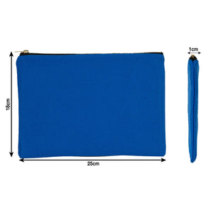 Blue pouch with dimensions indicated on a white background