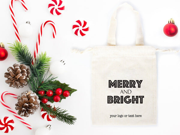 Merry And Bright Bags, 6"W x 8"H (15 cm x 20 cm) Custom Family or Company Bags, Add Logo & Text - Personalized Cotton Bags For You, Christmas Gift Bag - Pamusan.com