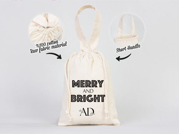 Merry And Bright Bags, 6"W x 8"H (15 cm x 20 cm) Custom Family or Company Bags, Add Logo & Text - Personalized Cotton Bags For You, Christmas Gift Bag - Pamusan.com