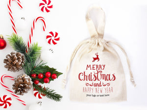 Merry Christmas And New Year Bags, 6"W x 8"H (15 cm x 20 cm) Custom Family or Company Bags, Add Logo & Text, Personalized Cotton Bags - Pamusan.com