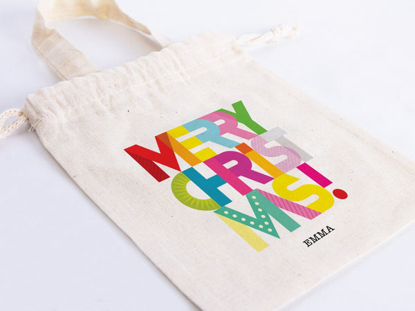 Merry Christmas Favor Bags, 6"W x 8"H (15 cm x 20 cm) Custom Family or Company Bags, Add Logo & Text, Personalized Cotton Bags For You, Promotional, Muslin Bags - Pamusan.com