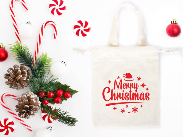 Merry Christmas Favor Bags, 6"W x 8"H (15 cm x 20 cm) Custom Family or Company Bags, Add Logo & Text, Personalized Cotton Bags, Muslin Bags, New year Pouches - Pamusan.com