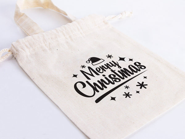 Merry Christmas Favor Bags, 6"W x 8"H (15 cm x 20 cm) Custom Family or Company Bags, Add Logo & Text, Personalized Cotton Bags, Muslin Bags, New year Pouches - Pamusan.com