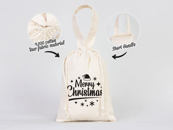 Merry Christmas Favor Bags, 6"W x 8"H (15 cm x 20 cm) Custom Family or Company Bags, Add Logo & Text, Personalized Cotton Bags, Muslin Bags, New year Pouches - Pamusan.com