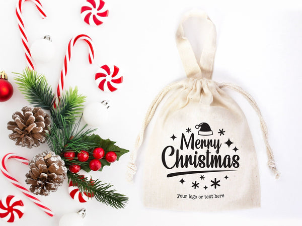 Merry Christmas Favor Bags, 6"W x 8"H (15 cm x 20 cm) Custom Family or Company Bags, Add Logo & Text, Personalized Cotton Bags, Muslin Bags, New year Pouches - Pamusan.com