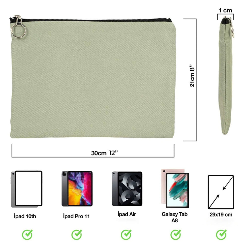 Mint Green Cotton Zippered Clutch Pouch – 12" × 8" (30 × 21 cm) – 10 oz Fabric - Pamusan.com