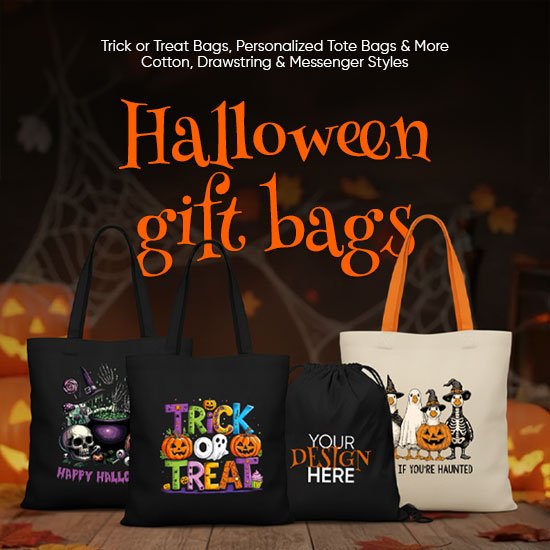 Halloween gift bags with various designs on a wooden surface with pumpkins in the background.