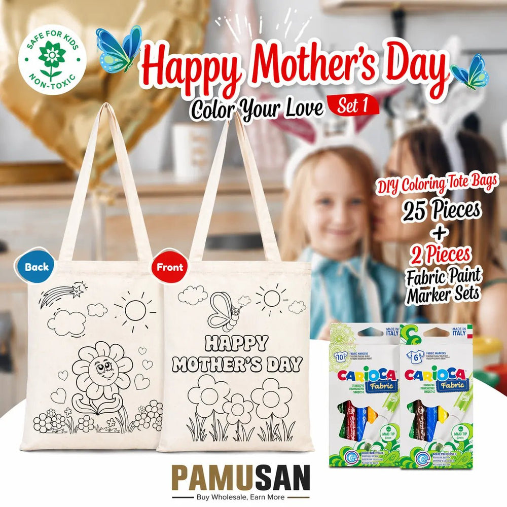 Mom Gift Coloring Set – 25 Butterfly Colorable Cotton Tote Bags 14"x16" + Fabric Markers - Pamusan.com