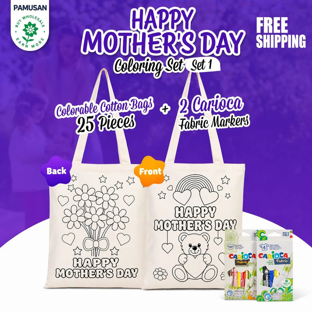Mother’s Day Painting Set 1 – 25 Double - Sided Colorable Cotton Tote Bags 14"x16"+ Carioca Fabric Markers - Pamusan.com