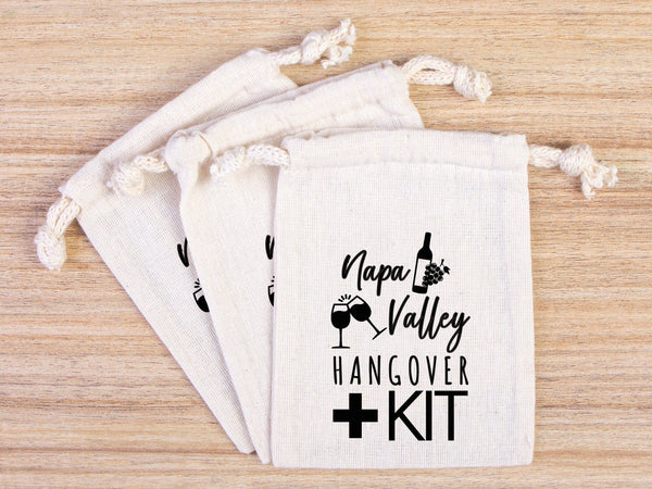 Napa Valley Hangover Bag, Bachelorette Favor Party Bags, Recovery Party Custom Name Print, Organic Cotton Drawstring Pouchs Bag - Pamusan.com