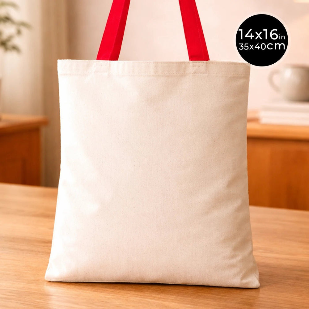 Natural Cotton Tote Bag with Red Handles – 14"x16" Reusable Blank Bag - Pamusan.com