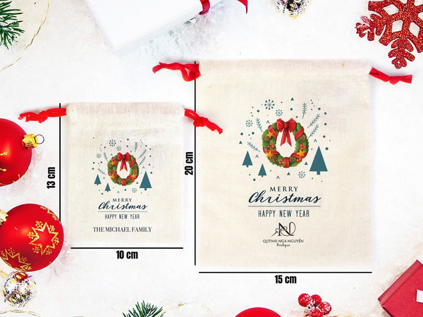 New Year and Merry Christmas Bags, Custom Family or Company Gift Bags, You Can Add Logo & Text, Cotton Bags , Personalized Muslin Bags - Pamusan.com