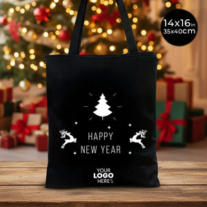 New Year Bags 14" × 16" (35 × 40 cm) – Black Canvas Tote with Custom Printed Holiday Designs - Pamusan.com
