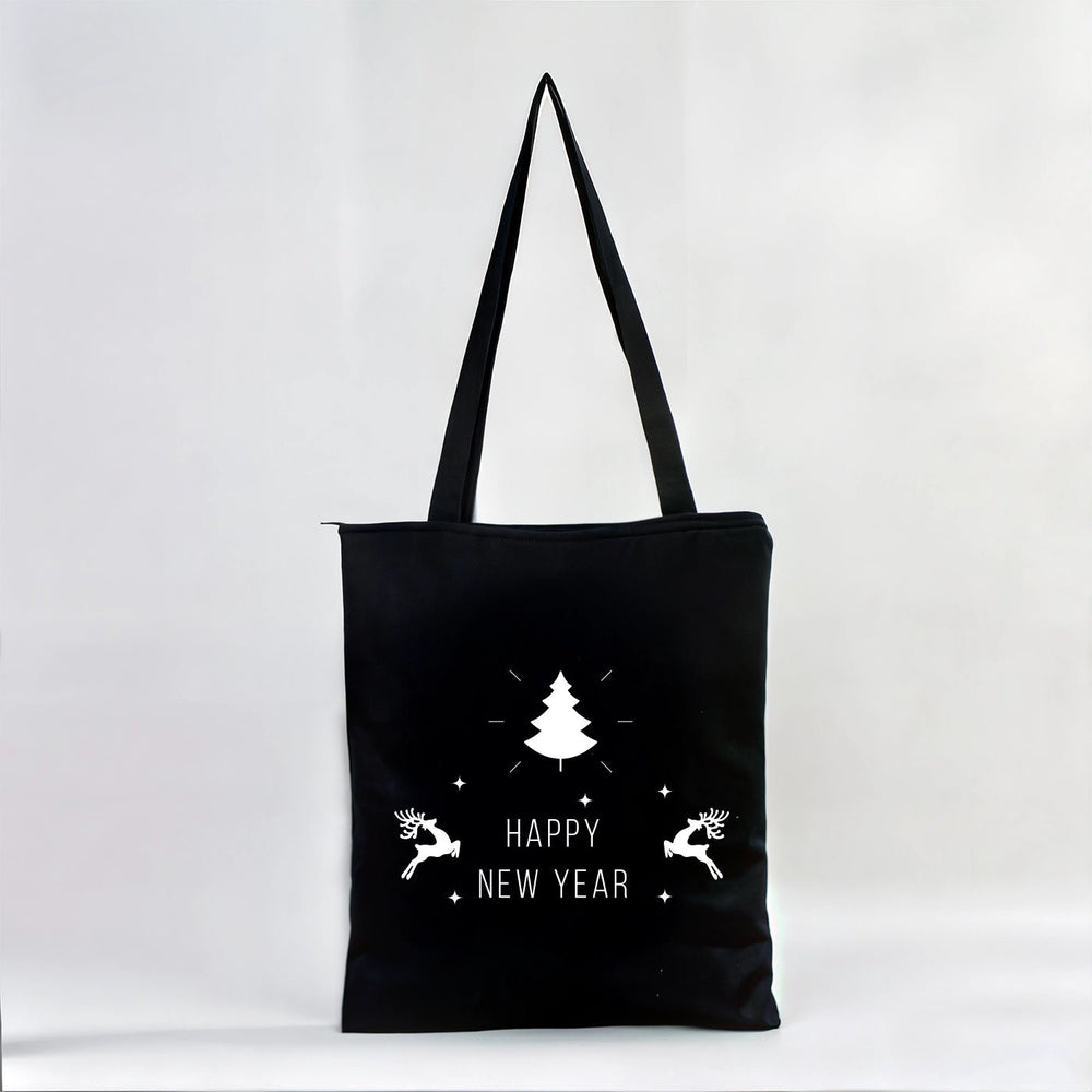New Year Bags – Black Canvas Tote with Custom Printed Holiday Designs - Pamusan.com