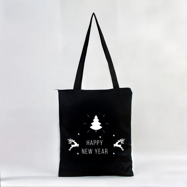 New Year Bags – Black Canvas Tote with Custom Printed Holiday Designs - Pamusan.com