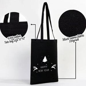 New Year Bags – Black Canvas Tote with Custom Printed Holiday Designs - Pamusan.com