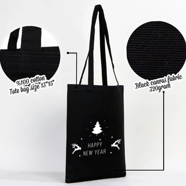 New Year Bags – Black Canvas Tote with Custom Printed Holiday Designs - Pamusan.com