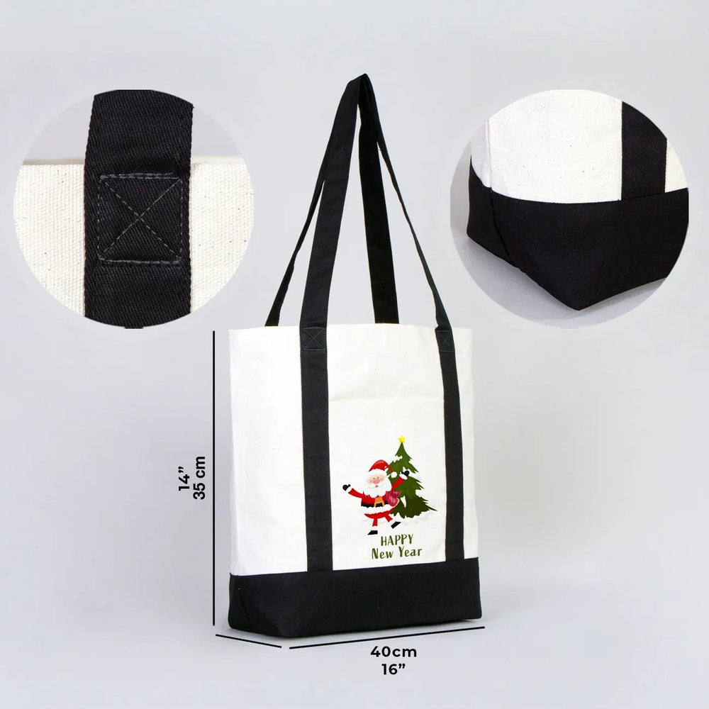 New Year Canvas Tote Bag 16" × 14" × 5" (40 × 35 × 12 cm) Black Handles – (18 Festive Designs) - Pamusan.com