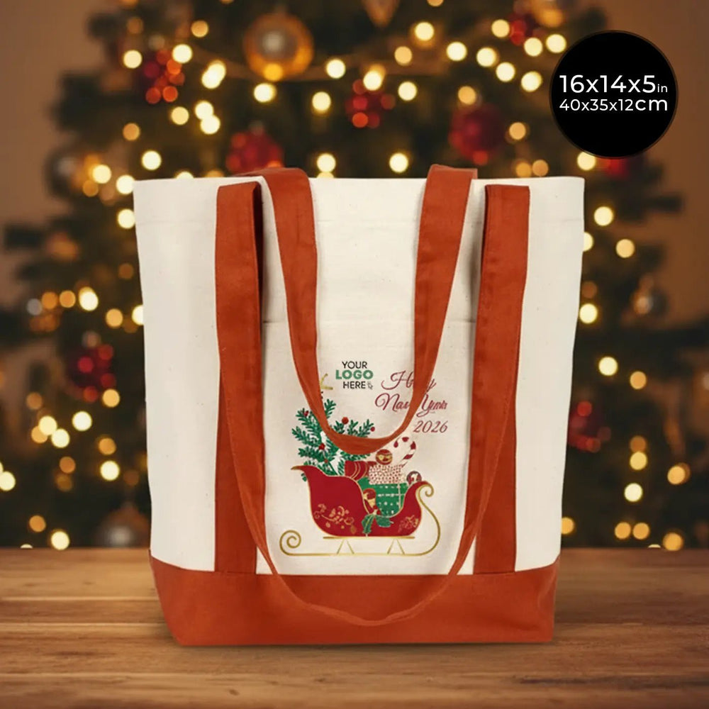 New Year Canvas Tote Bag 16" × 14" × 5" (40 × 35 × 12 cm) Brown Handles – (18 Festive Designs) - Pamusan.com