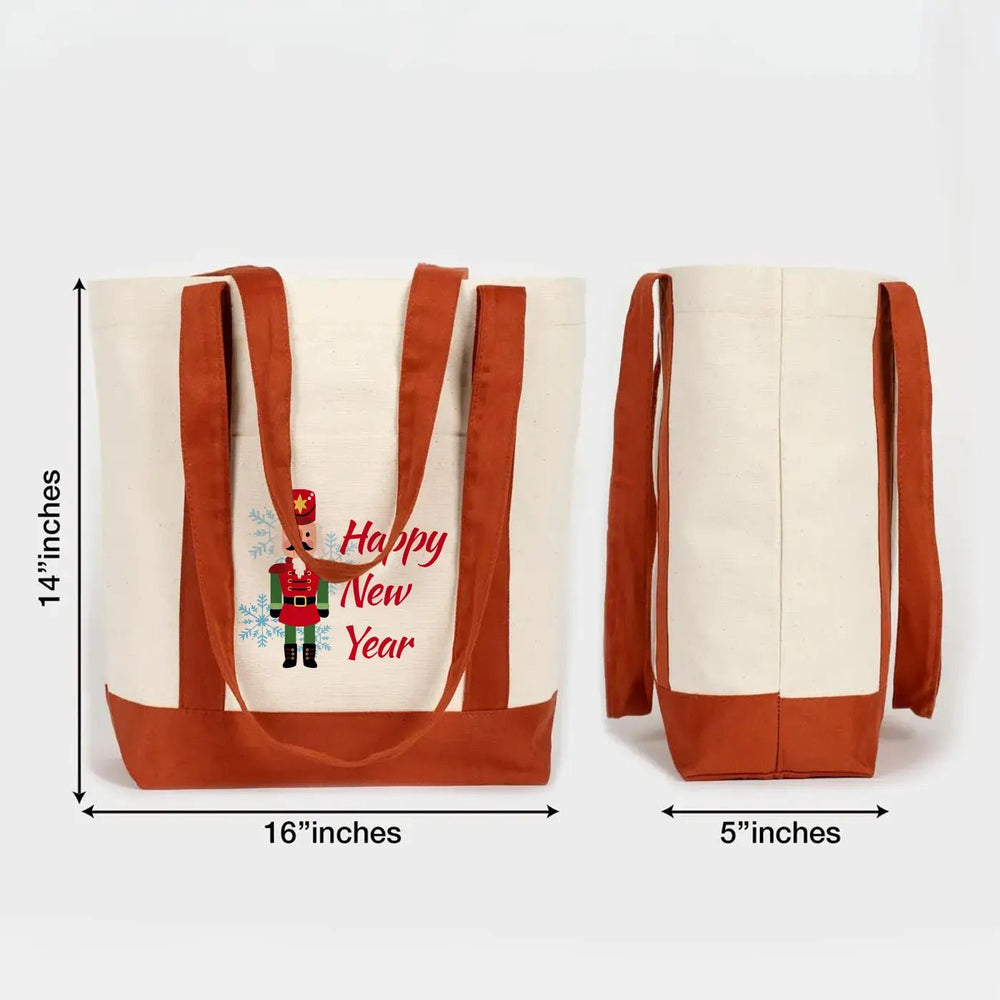 New Year Canvas Tote Bag 16" × 14" × 5" (40 × 35 × 12 cm) Brown Handles – (18 Festive Designs) - Pamusan.com