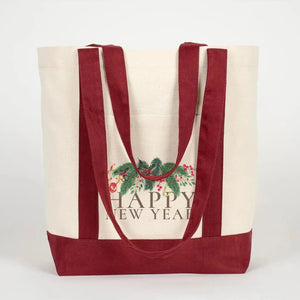 New Year Canvas Tote Bag 16" × 14" × 5" (40 × 35 × 12 cm) Burgundy Handles – (18 Festive Designs) - Pamusan.com