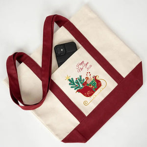 New Year Canvas Tote Bag 16" × 14" × 5" (40 × 35 × 12 cm) Burgundy Handles – (18 Festive Designs) - Pamusan.com