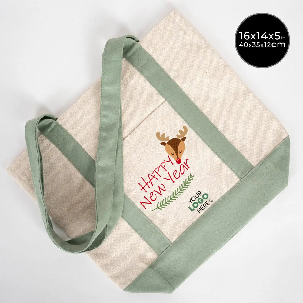 New Year Canvas Tote Bag 16" × 14" × 5" (40 × 35 × 12 cm) Green Handles – (18 Festive Designs) - Pamusan.com