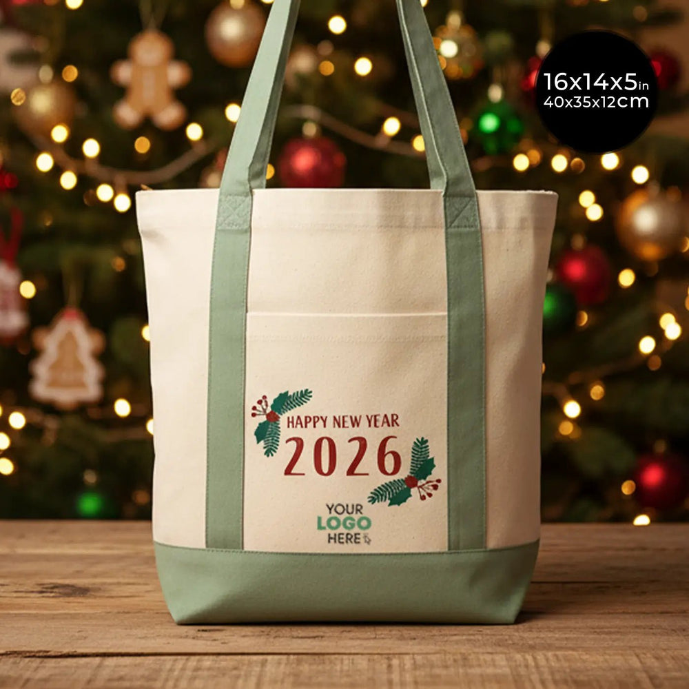 New Year Canvas Tote Bag 16" × 14" × 5" (40 × 35 × 12 cm) Green Handles – (18 Festive Designs) - Pamusan.com