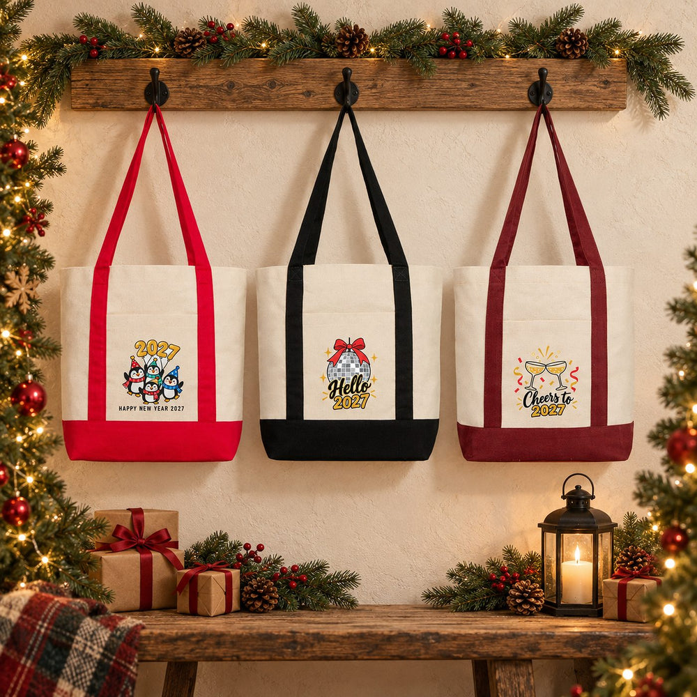 New Year Canvas Tote Bag with Pocket – 16" × 14" × 5" (40 × 35 × 12 cm) with Red, Black or Burgundy Trim, 18 Happy New Year 2027 Designs - Pamusan.com