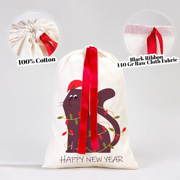 New Year Cotton Pouch 8" × 12" (20 × 30 cm) with Red Ribbon – Festive Holiday Bag - Pamusan.com