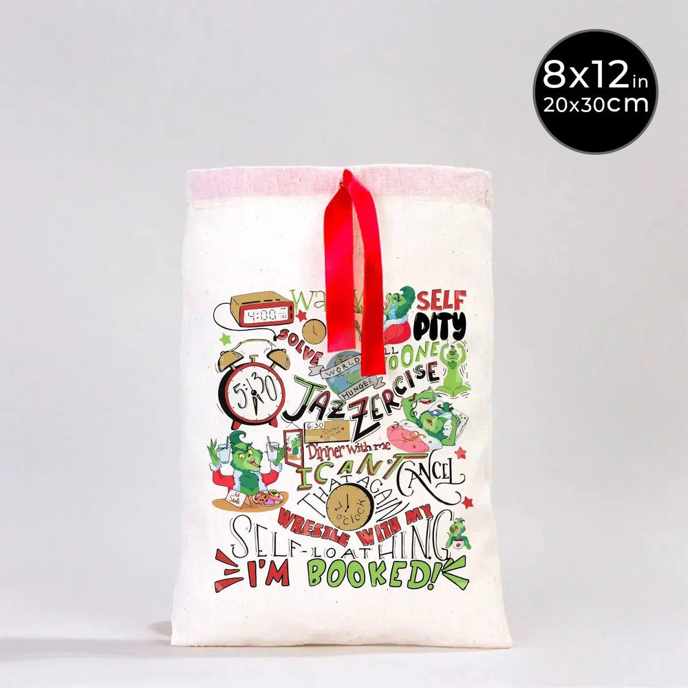 New Year Cotton Pouch 8" × 12" (20 × 30 cm) with Red Ribbon – Festive Holiday Bag - Pamusan.com
